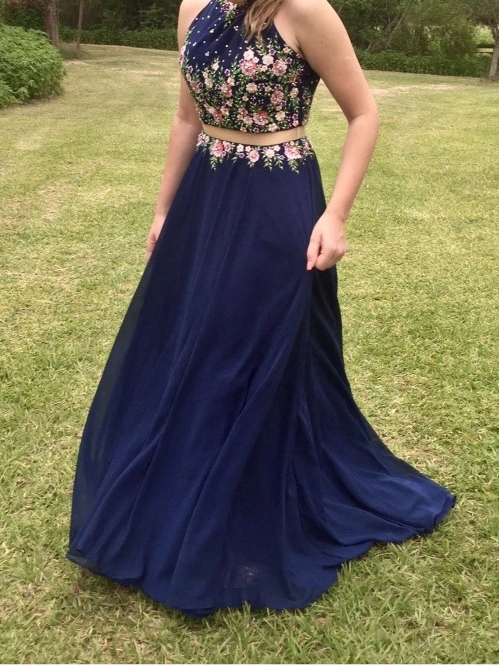 Navy Floral Embroidered Two-Piece Prom Dress